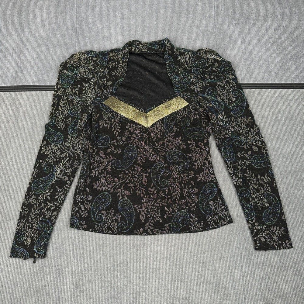 Vintage Metallic Paisley Cutout Puff Sleeve Top Black Gold Shimmer Mock Neck